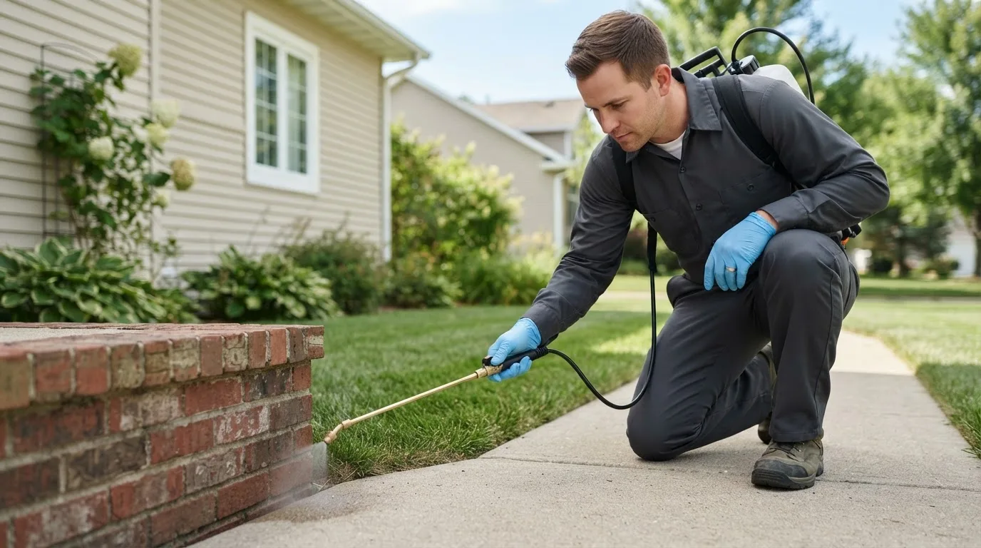 Pest control technician treating a home near Remington, IN